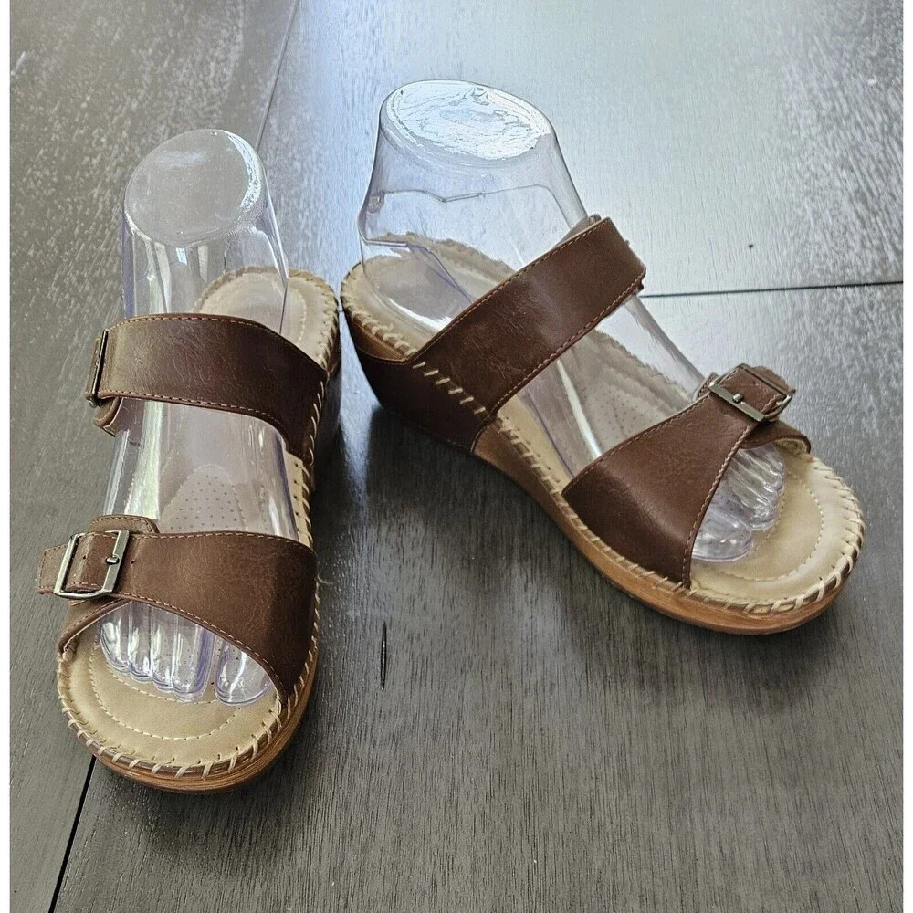 Lady Godiva Brown Open-Toe Strappy Stitch Wedge Sandals Size 10 Comfort Slip On